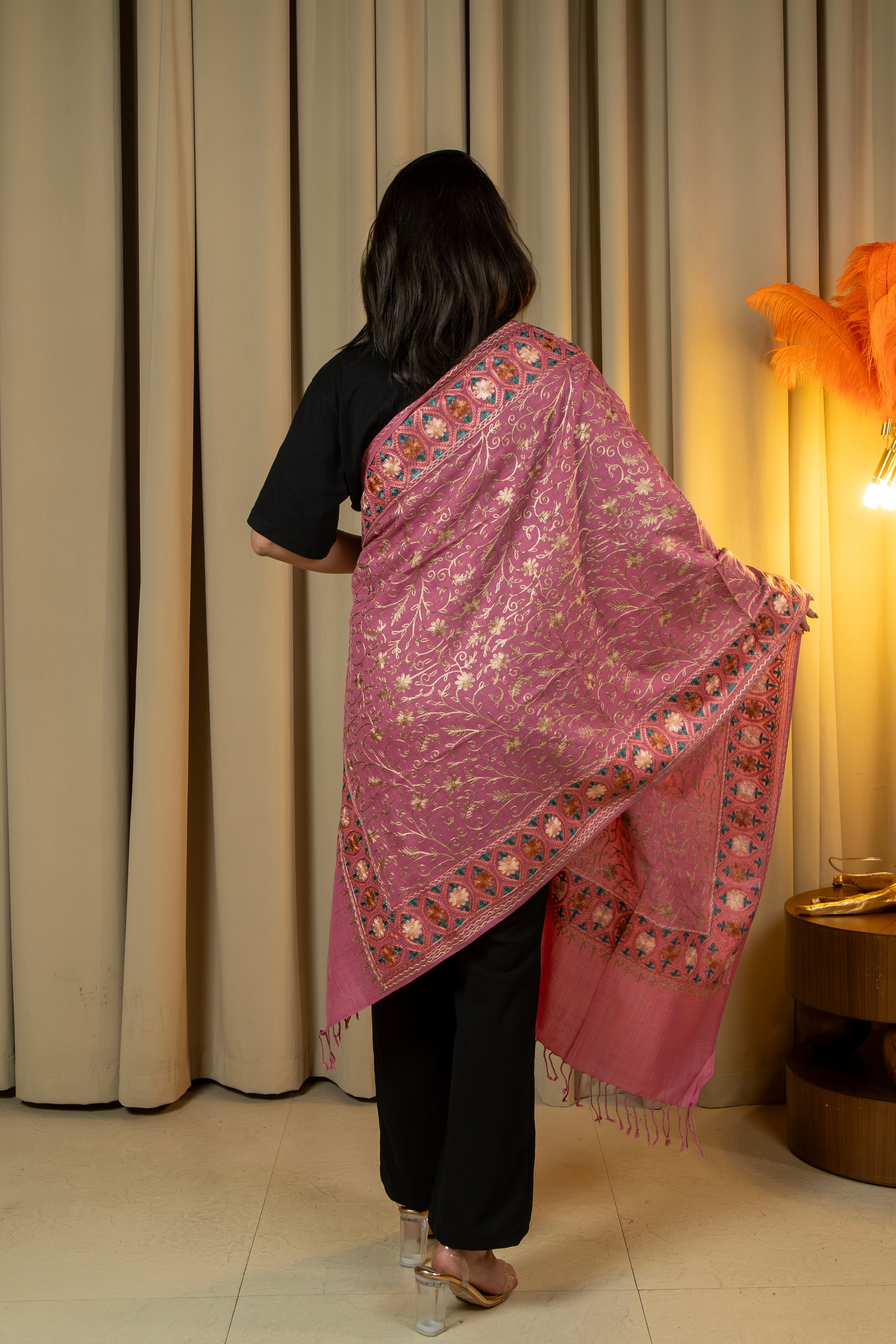 Aari Embroidered Pink Poly Wool Stole For Women